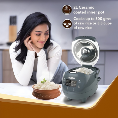 AGARO Imperial Electric Rice Cooker - 2L - Grey | 8 Preset Cooking Function | Advanced Fuzzy Logic | 24Hrs Keep Warm Function | 350 W