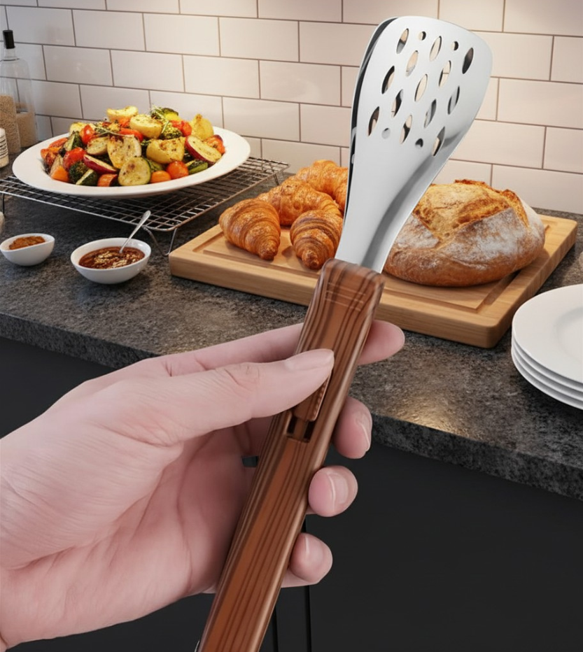 Kitchen Serving Tongs with Locking System | Wood Grain  Plastic Handles | Slotted SS Heads |  3 Pcs Set | Generic