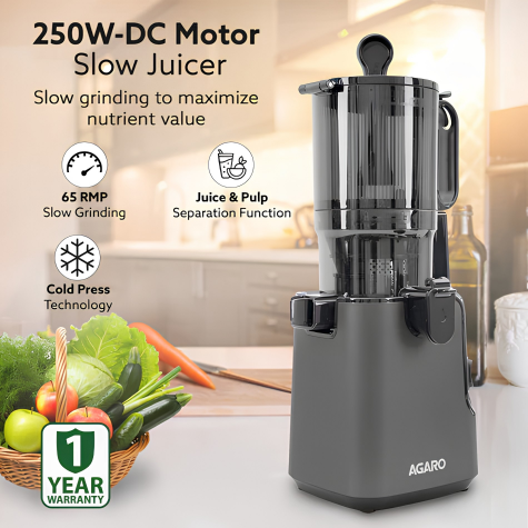 AGARO Regal Cold Press Slow Juicer, 250 Watt DC Motor, Easy Assembly & Cleaning, Auto Reverse, Advanced Safety Lock, Fruit & Vegetable Juicer & Nut Milk, Stainless Steel Filter, BPA Free Plastic
