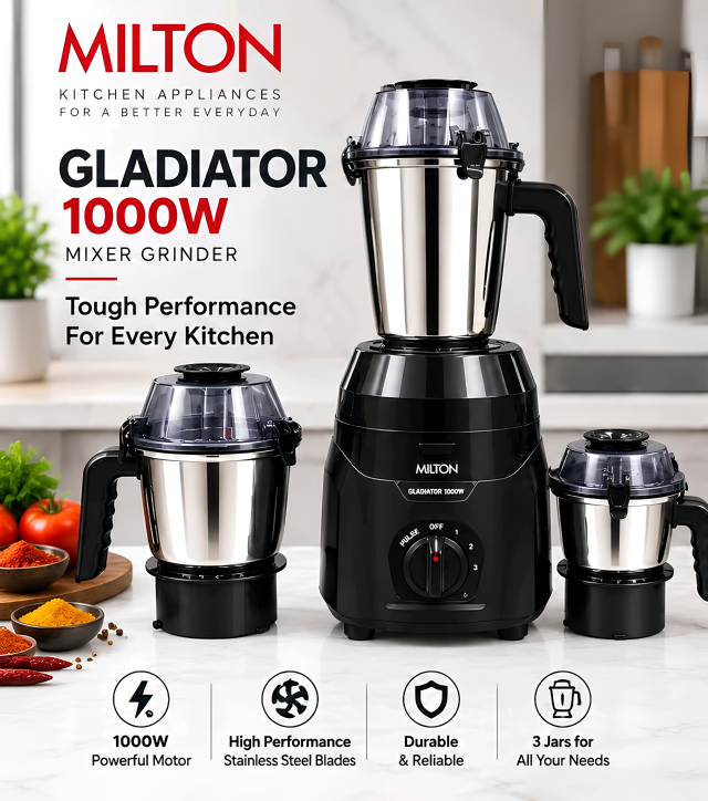 MILTON Gladiator 1000 W Mixer Grinder | Powerful Noiseless Motor with Double Ball Bearing | 3 Stainless Steel Jars with Metal Couplers | 3-Speed Control with Pulse | 120 Minutes Rating |5 Years Warranty on Motor|ISI Certified|Black