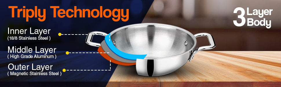 Bhalaria Food Grade Stainless Steel Triply Kadhai with Lid & Handle - 18 Cm, 1 Ltr (Induction and Dishwasher Compatible) - Premium  from Bhalaria - Just Rs. 1599! Shop now at Surana Sons