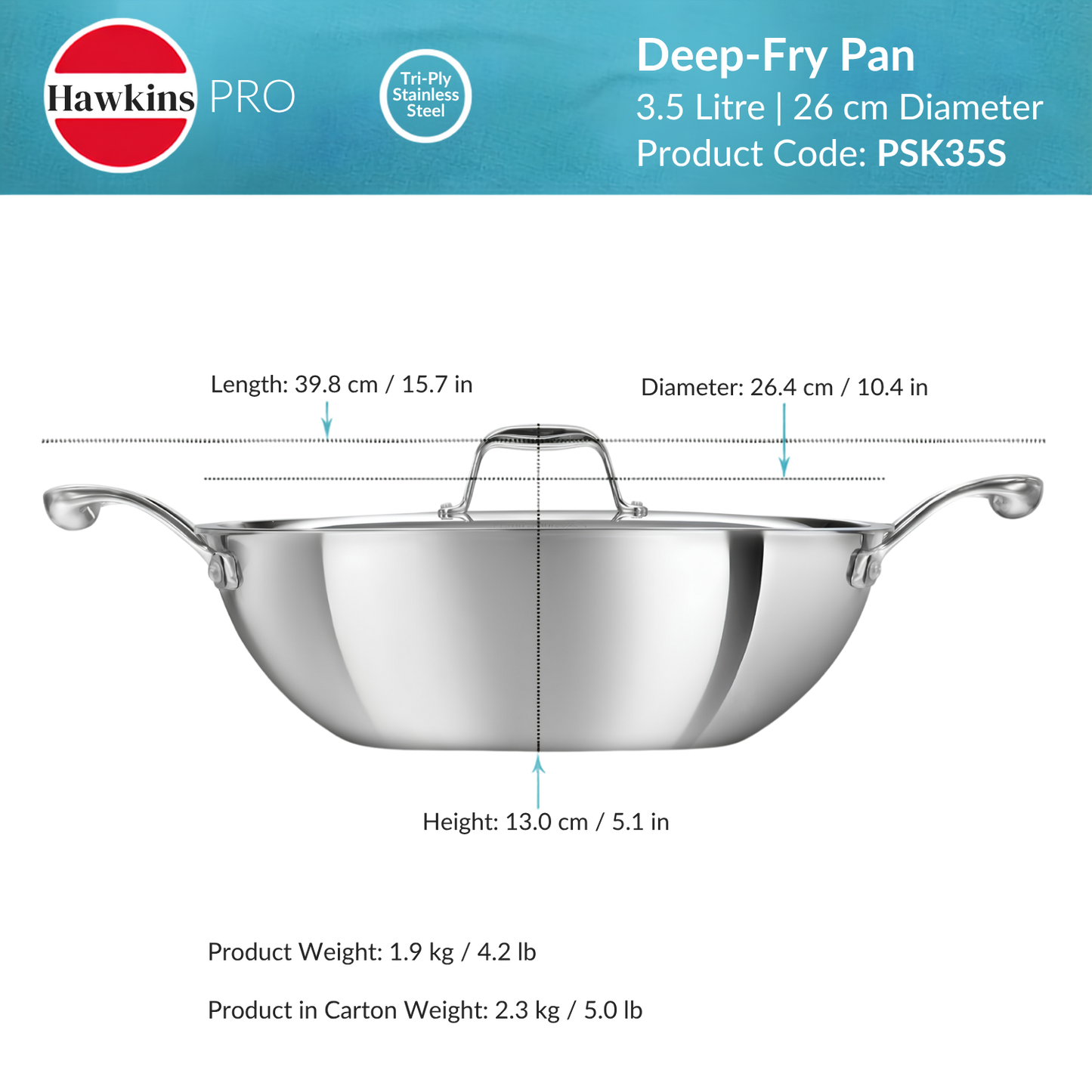 HAWKINS Pro Deep-Fry Pan | Triply Stainless Steel Kadhai with Steel Handles and Steel Lid | Silver