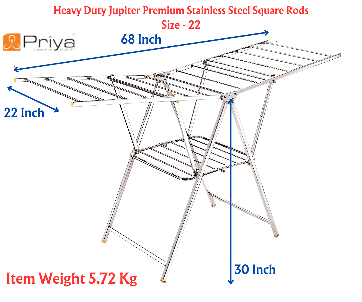 Priya Jupiter Heavy Duty Rust-Free Stainless Steel Foldable Cloth Drying Stand | Indoor/Outdoor/Balcony | Butterfly Model | Adjustable Fold Height - Premium Towel Stand from Priya - Just Rs. 5490! Shop now at Surana Sons