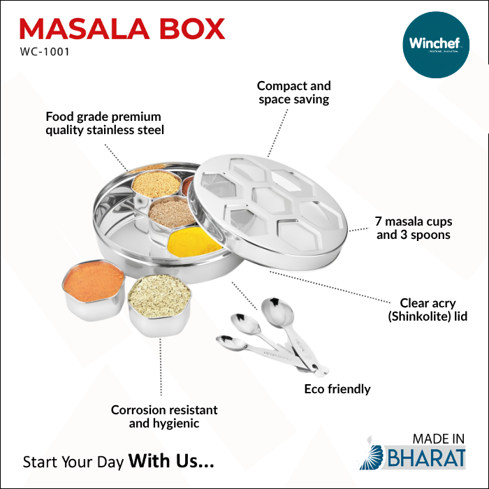 WINCHEF Premium Stainless Steel Masala Box With See Thru Lid | WC-1001 Plus | Dia 24 cm | 7 Octagonal Cups | 3 Spoons | Home & Kitchen