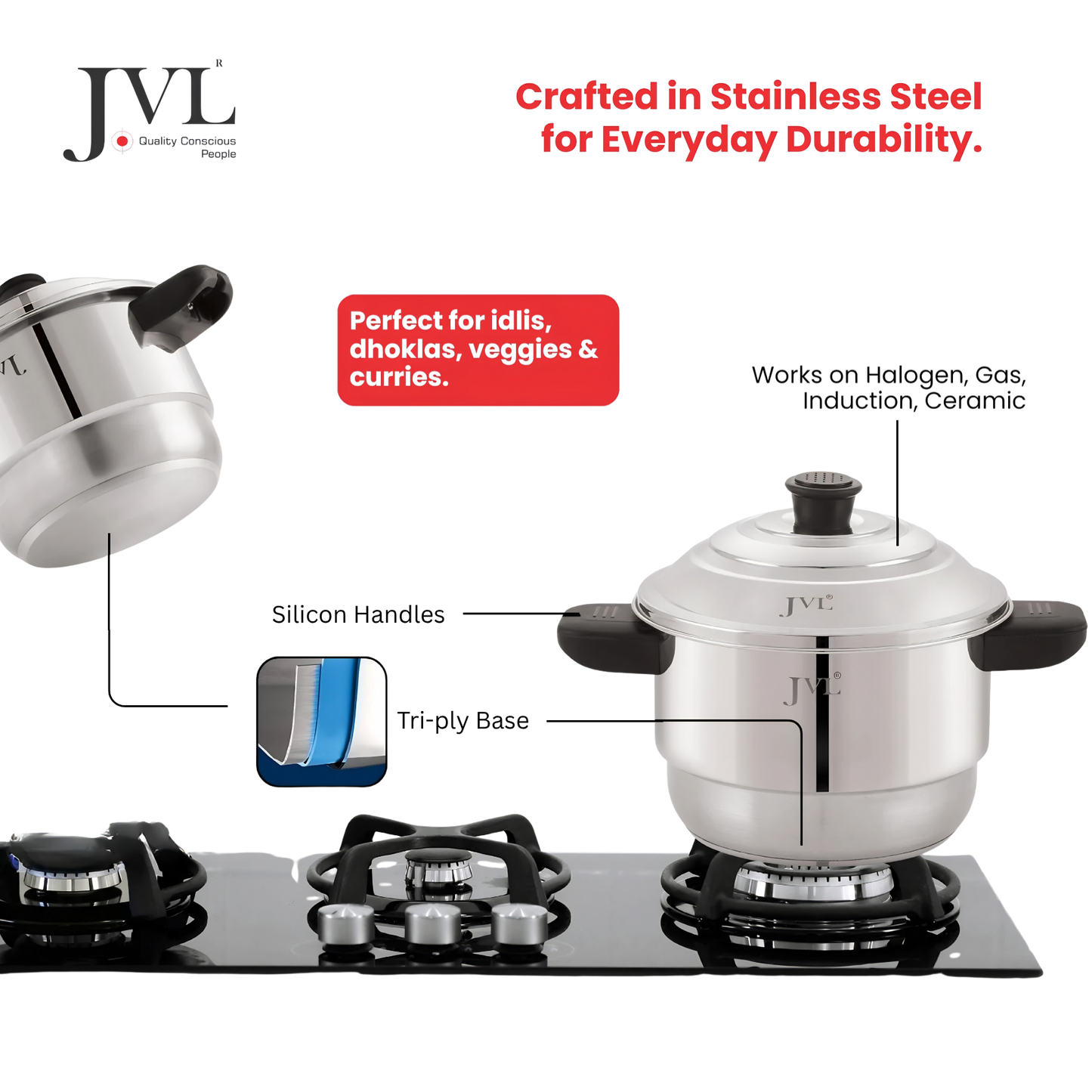 JVL Classicware 2 in 1 Mini Sambhar Idly Maker with Triply Base (Small Size) | 4 Idly Plates (16 Idlis)