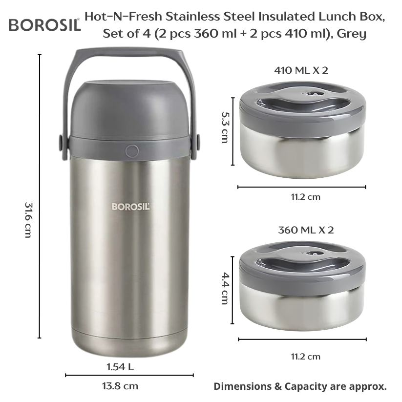 BOROSIL Hot-N-Fresh Stainless Steel Insulated Lunch Box, 3 Containers (1pcs 360 ml + 2pcs 410 ml), Grey