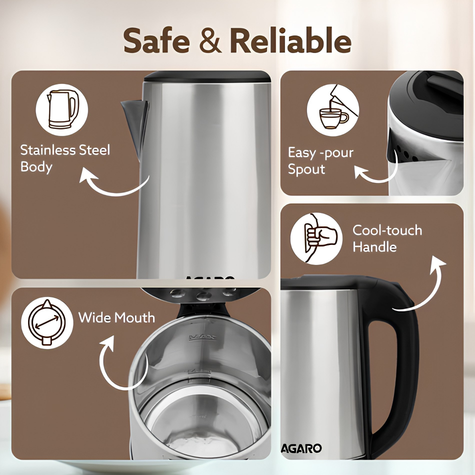 AGARO Sonnet Electric Kettle, 1.5 Ltr | 1500W | Stainless Steel Body | Quick Boil For Making Black Tea & Black Coffee | Auto Shut Off | Cool Touch Handle