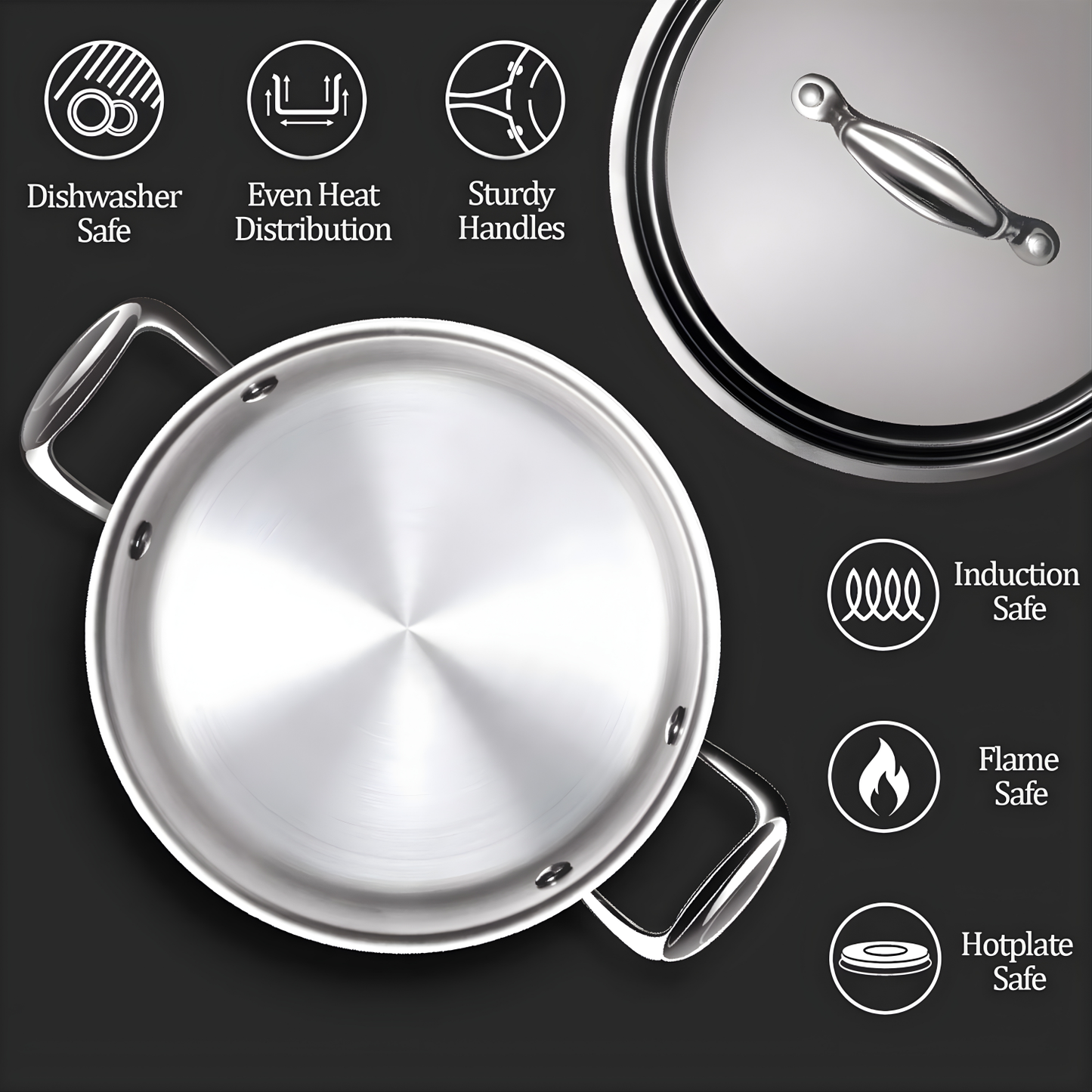 MILTON Procook Triply SS Casserole/Stock Pot/Biryani Pot with Lid 22 cm, 4 Litre, Cook-N-Serve Bowl, Gas and Induction Friendly, 3 Years Warranty