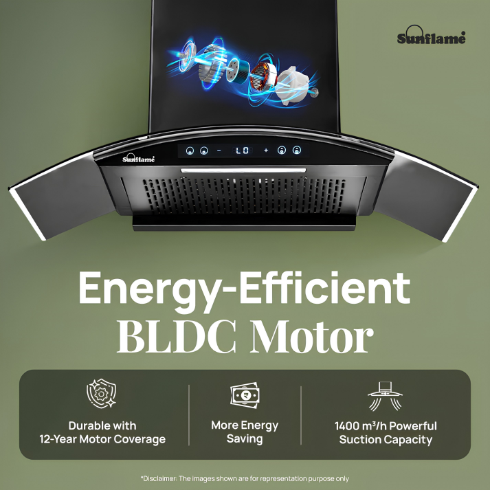 SUNFLAME SF-RE90 | 90 cm BLDC Kitchen Chimney | 1400 m³/hr suction | Low Noise Operation | Heat Auto Clean | Gesture & Touch Control | 10 Speed Settings | 12 Year Motor Warranty
