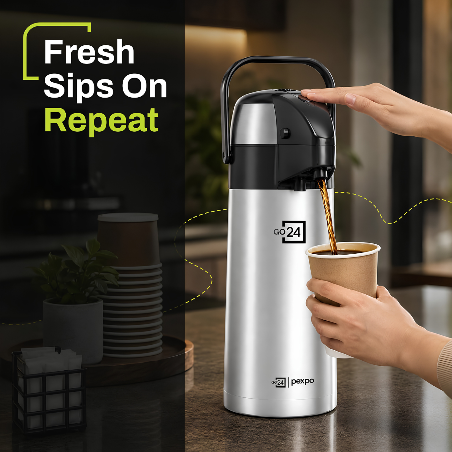 Go24 PEXPO AquaPort Stainless Steel Vacuum Insulated Beverage Dispenser with Pump | Hot & Cold | Double Wall | Sturdy Handle to Carry | Coffee/Tea Carafe - Silver