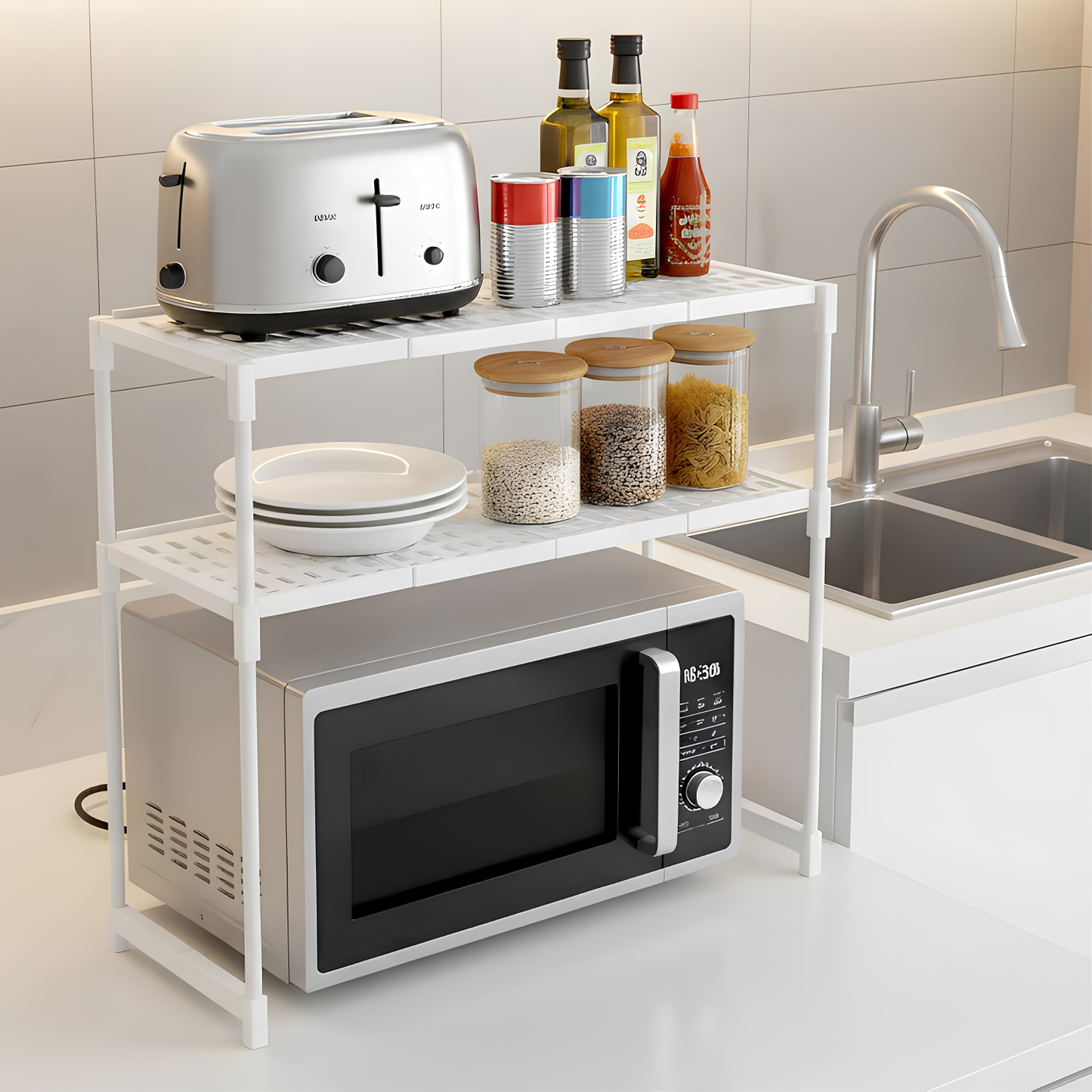 NAYASA Multifunctional Microwave Oven Stand | 2-Tier Heavy-Duty Kitchen Rack | Stainless Steel Rod Organizer Shelf | Space-Saving Storage for Microwave, Oven & Kitchen Essentials | White