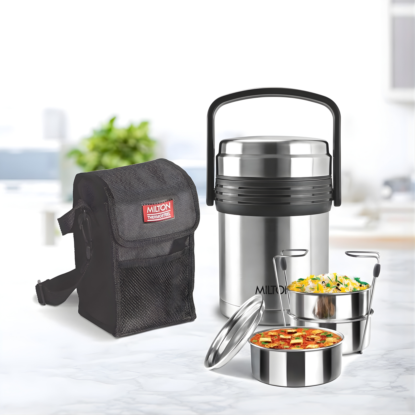 MILTON Galore Thermosteel Tiffin Set of 3 Containers, 370 ml Each | Carry Case | Easy to Carry | Hot & Cold | Rust Proof