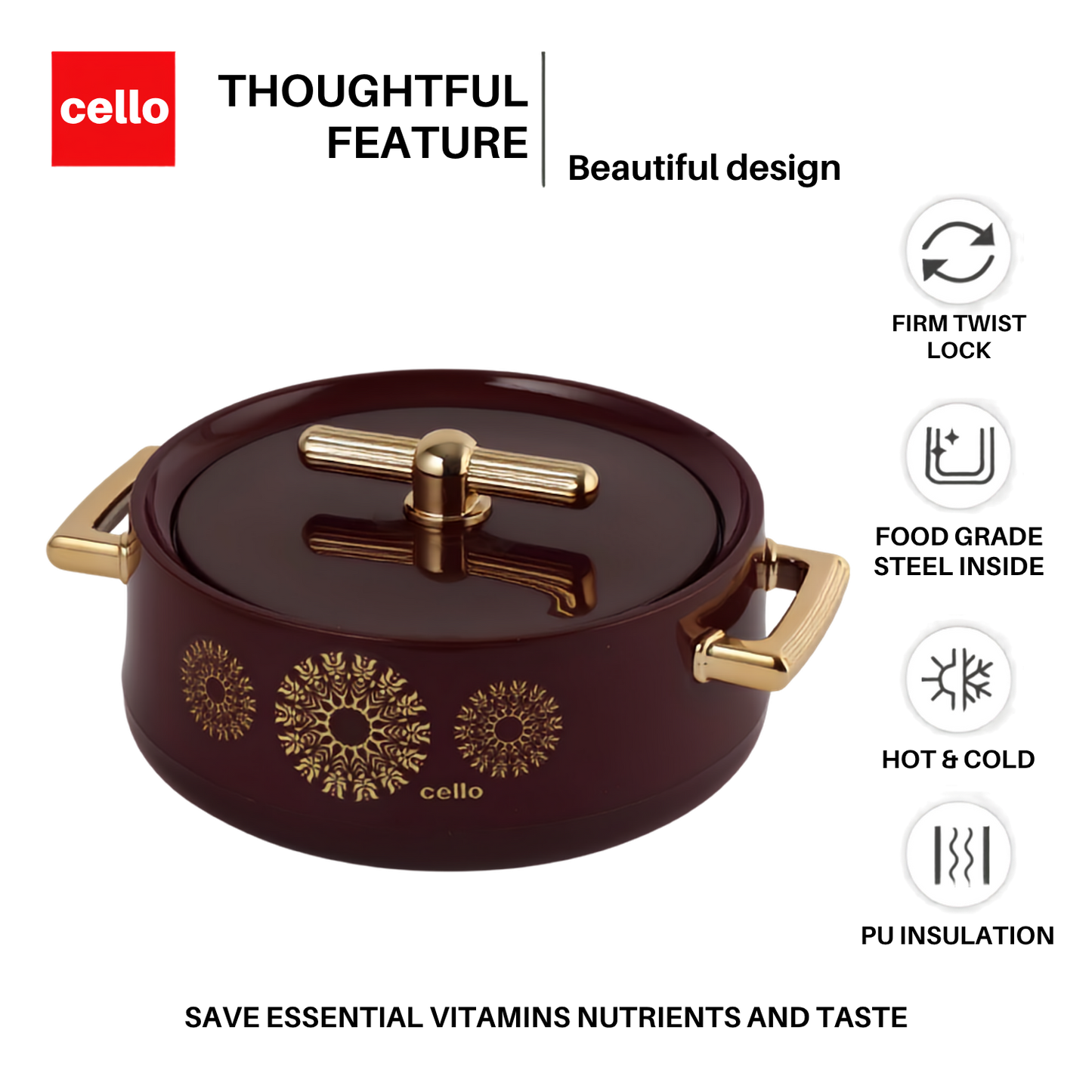 CELLO Jewel NX Insulated Casserole Set of 3 Pcs (500 ml, 1000 ml, 1500 ml) | Color: Burgundy | Double Wall Insulated Hot Pot |  Keeps Food Hot & Warm for Long Hours | Gifting