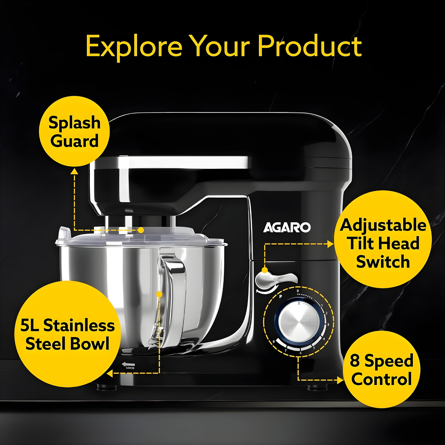 AGARO Royal Stand Mixer 1000W with 5L SS Bowl and 8 Speed Setting I Includes Whisking Cone | Mixing Beater & Dough Maker | 2 Years Warranty