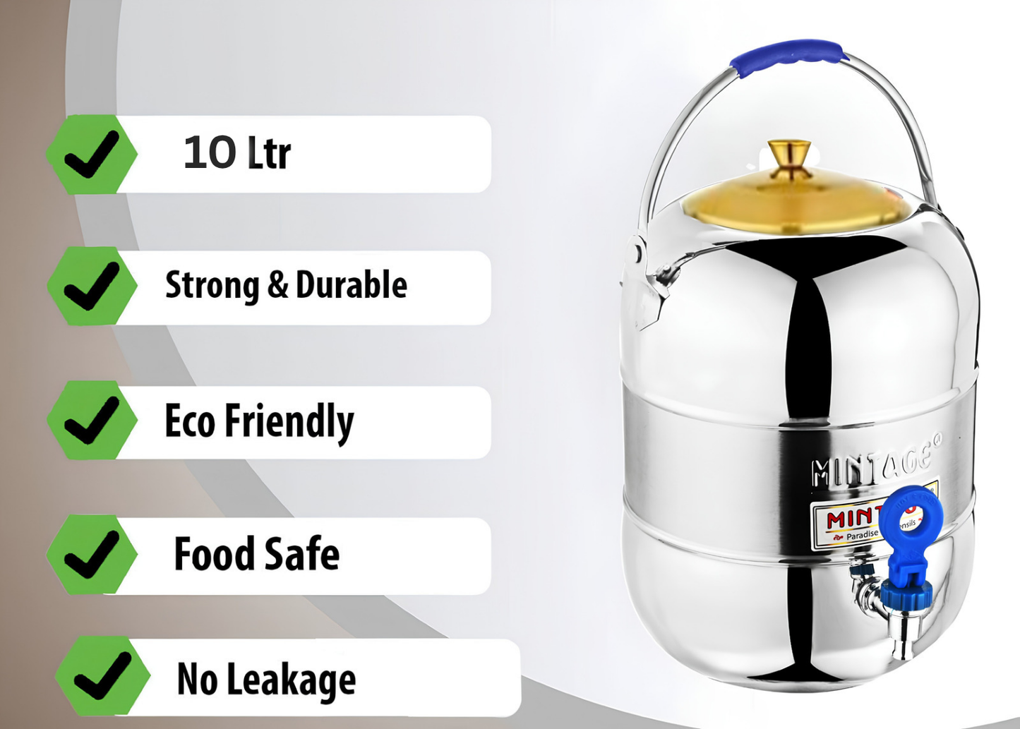MINTAGE Elegant Dual Tone Stainless Steel Water Pot With Tap & Handle | Golden PVD Lid | 10 Ltr