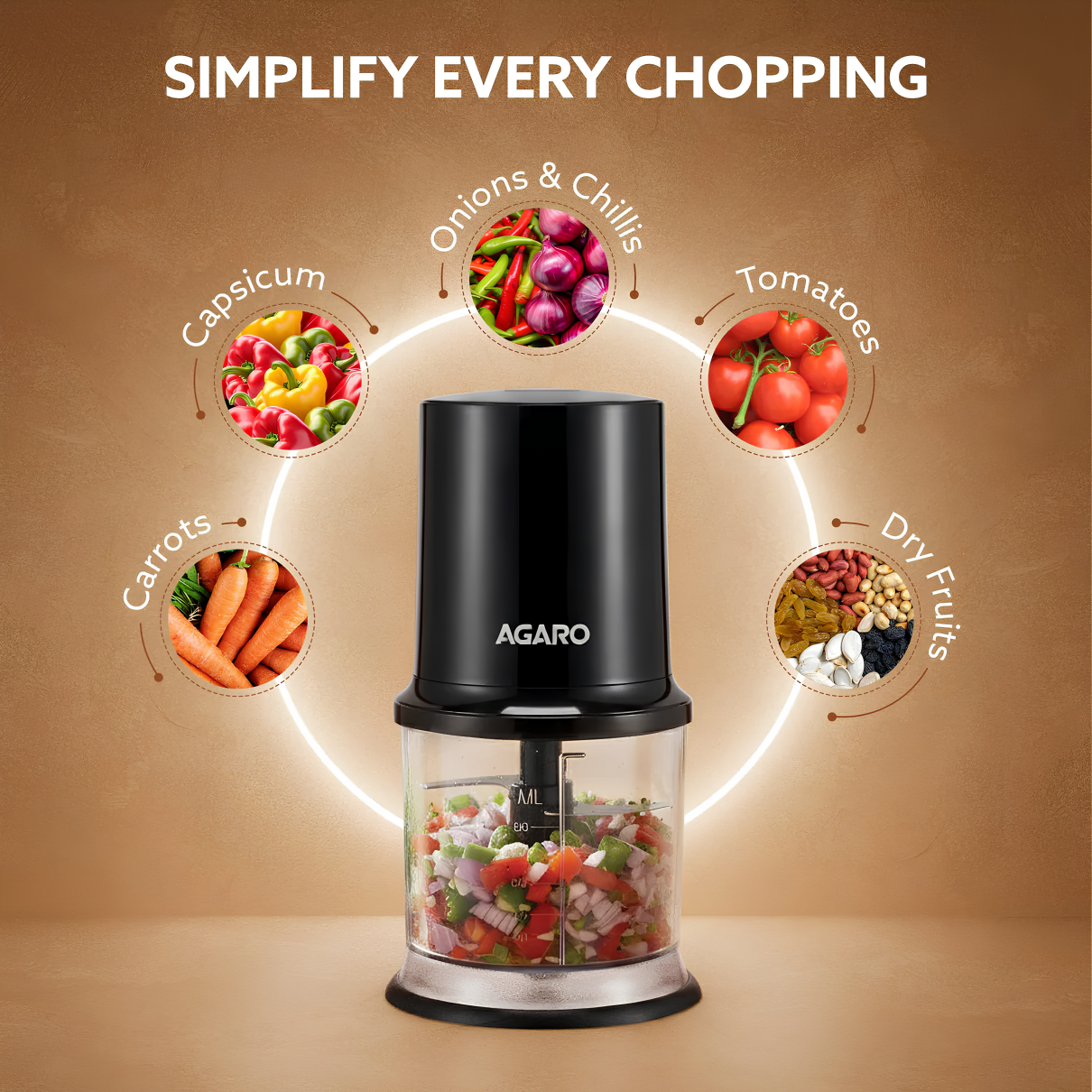AGARO Elegant Vegetable Chopper | 100% Pure Copper Motor, Chop, Mince, Dice, Twin Stainless Steel Blade, 500 Ml, One Touch Operation, Elegant, Black.