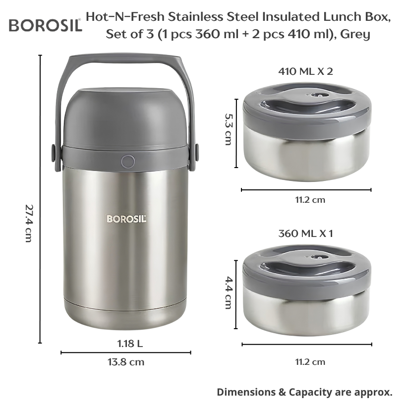 BOROSIL Hot-N-Fresh Stainless Steel Insulated Lunch Box, 3 Containers (1pcs 360 ml + 2pcs 410 ml), Grey