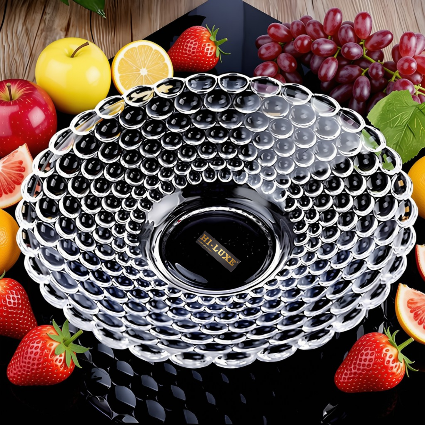 HILUXE Cassini Glass Fruit Bowl Plate for Dining Table | Classic Bubble Design | Dry Fruit Chocolate Tray Crystal Decoration Serving Bowl |Dessert Plate | For Home, Party, Restaurant, Hotels | Gifting