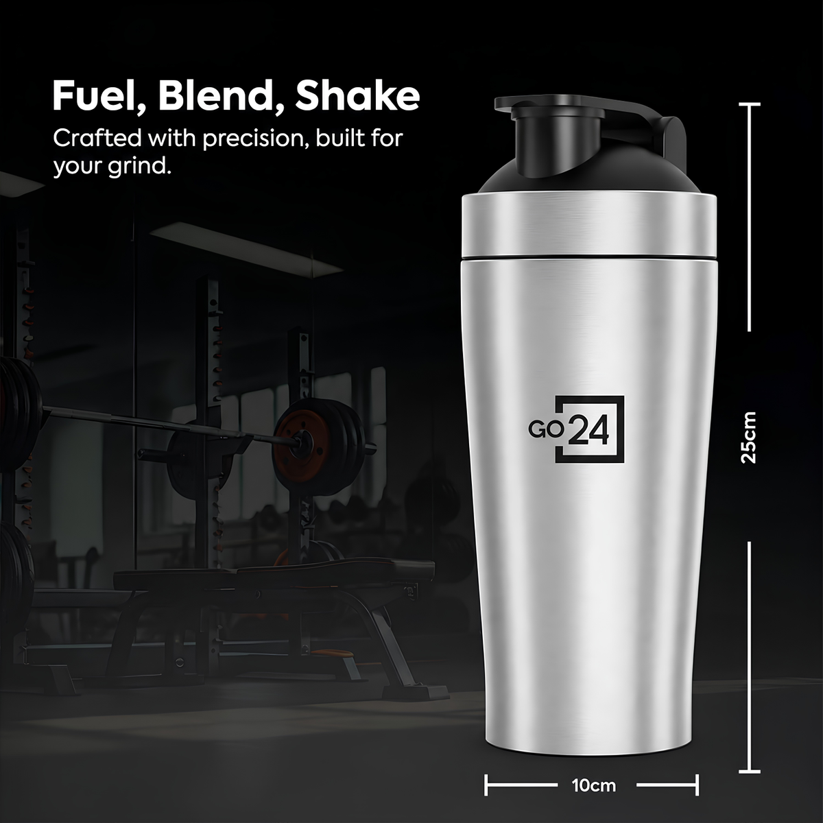 GO24 PEXPO Stainless Steel Gym Shaker Bottle Kayo Plus Silver 800ml | Lightweight single-wall water bottle with leakproof lid, BPA-free, ideal for school, office, gym, travel & daily hydration