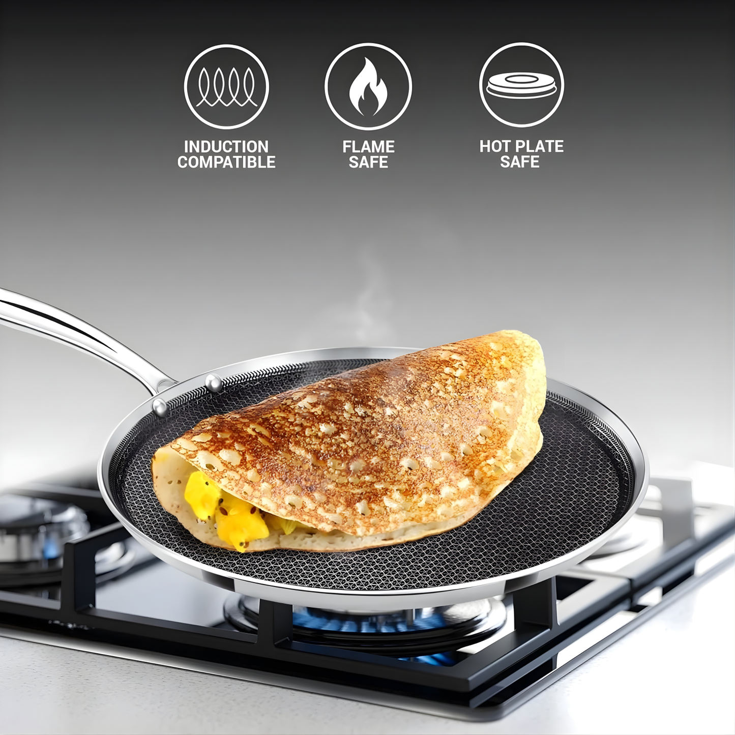 MILTON Pro cook Triply Hexa Tech Induction Stainless Steel Tawa, Silver, Honeycomb Non-Stick Structure