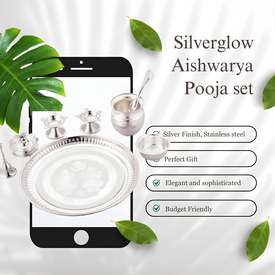SILVERGLOW Arpan Pooja Set | Silver Plated Puja Thali Set | Festival Ethnic Puja Aarti set | Diwali, Office, Mandir, Wedding/Return Gift Item of 9 Pieces