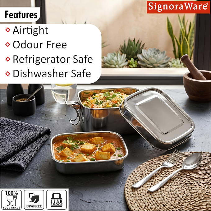 SIGNORAWARE All Steel Square Lid Range Steel Container with Plate | Silicone Seal to Prevent Leakage | Smart Vent Silicone to Release Air | Perfect for All Types of Food | Easy to Carry