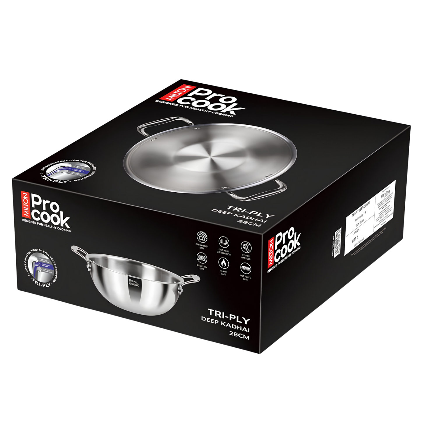 MILTON Pro cook Induction Cookware & Gas Stove Friendly Triply Stainless Steel Kadhai with SS Lid | Deep Fry Pan | 3-Layer Durable Construction | Sturdy Handle | 3 Year Warranty | Silver
