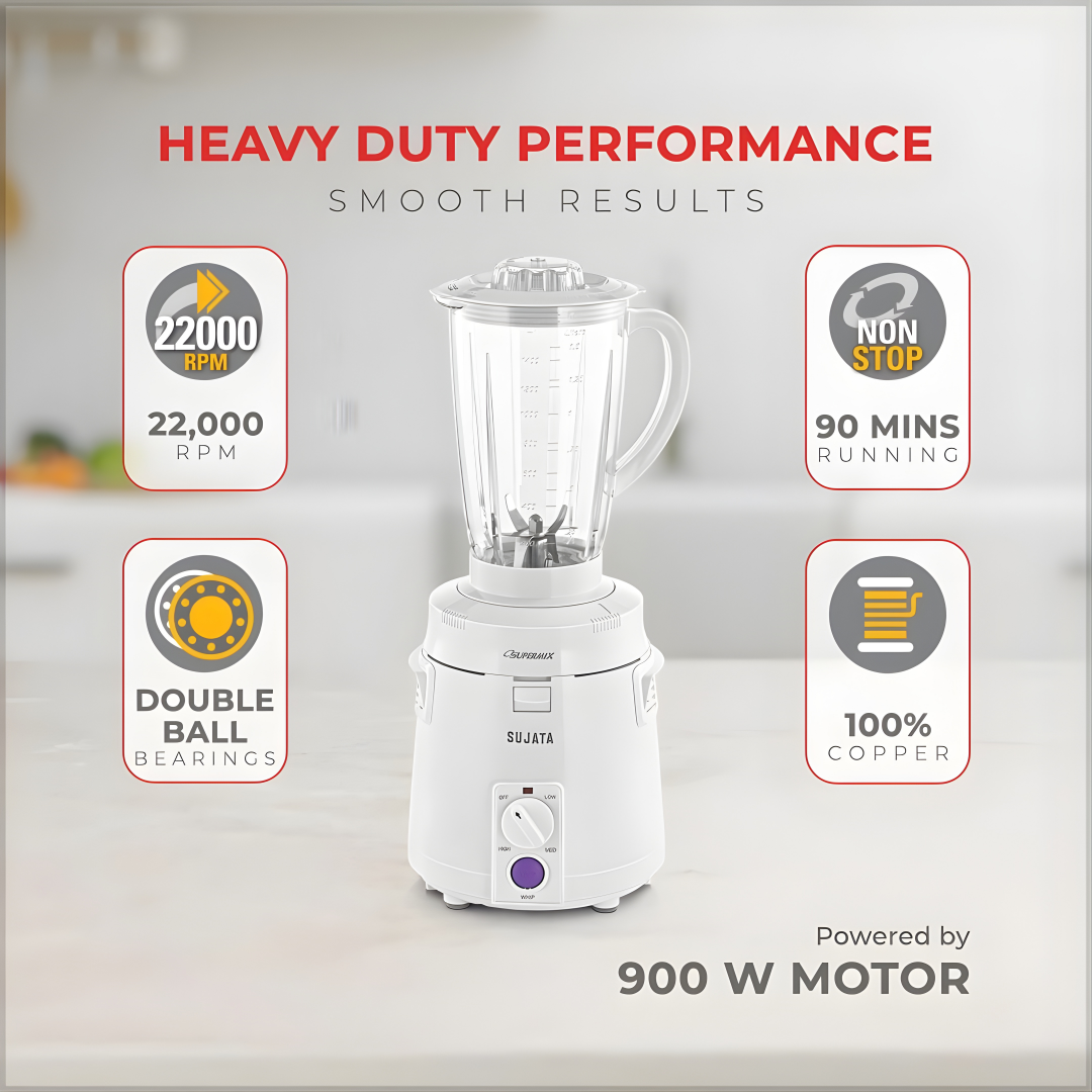 SUJATA Supermix Mixer Grinder|900 Watts Double Ball Bearing Motor|22000 RPM|Non-Stop 90 Mins Running|3 Jars including 1750 ml Blender, 1000 ml Grinder, 500 ml Chutney Jar| White