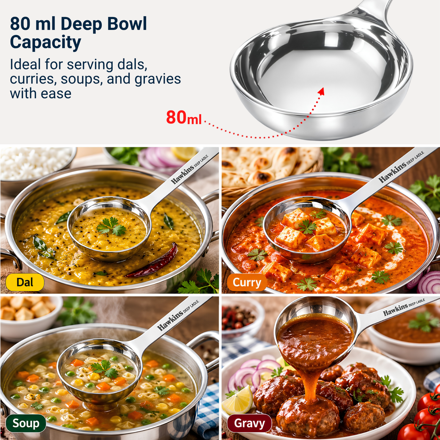 HAWKINS Food-Grade Stainless Steel 80 ml Deep Ladle | Thick Durable One-Piece Design | Long Handle | Hanging Loop | for Serving Dal, Curry & Soup | Karchhi | Pali | Silver (SSPTDL)