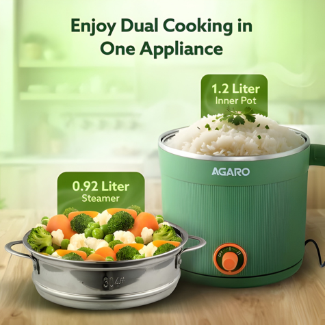 AGARO Regency Multi Cook Kettle With Steamer - 1.2 Litres - Sea Green | Boiling, Steaming, Tea, Coffee, Egg, Vegetable Boiling, 600 W