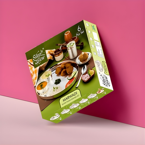 SILVERGLOW Stainless Steel Silver Dinner Set of 6 pcs, Pure-Silver Plated Luxury Dinnerware Set, Festival/Wedding Return Gift, Hotel, Restaurant Dining Set