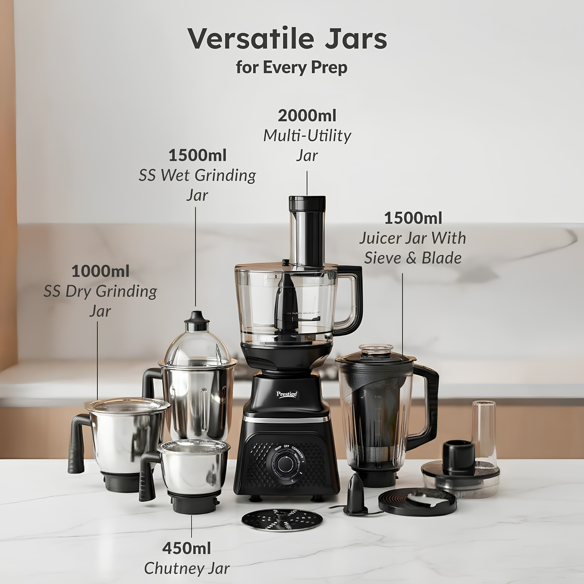 PRESTIGE Prisma Pro 750W 5 Jars Mixer Grinder  Stainless Steel Jars 3U, Multi Utility Jar 1 U & Juice Jar 1 U | 6 Super-Efficient Blades | Black & Silver