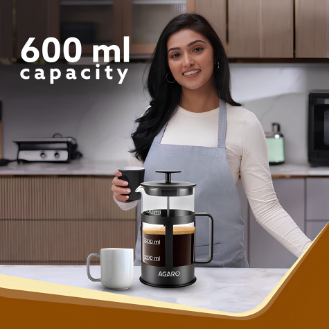 AGARO Delite French Press Coffee And Tea Maker, Borosilicate Glass Body With Sleeves, Glass Carafe, BPA Free Plastic Lid Strainer, 600Ml