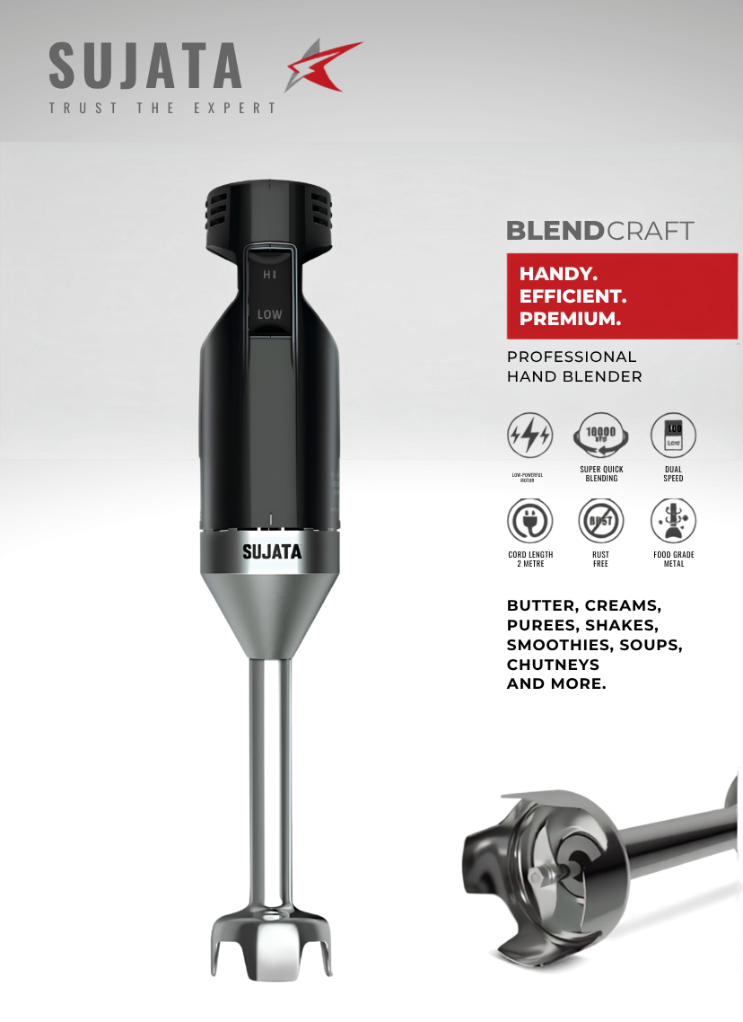 SUJATA Blendcraft Hand Blender|180 Watts Motor|18000 RPM|2 Speed Toggle Action Switch|Super Quick Blending| (Black)