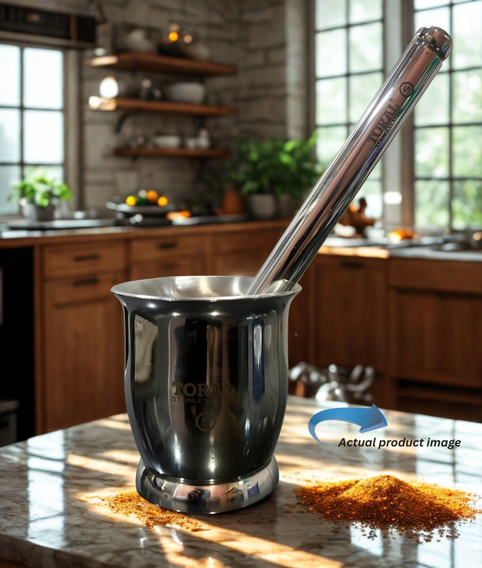TORAL Popular Heavy Weighted Stainless Steel Mortar and Pestle Set | Rust-Proof Premium QualityKhalbatta/Kharal | Spice & Medicine Grinder for Kitchen Use