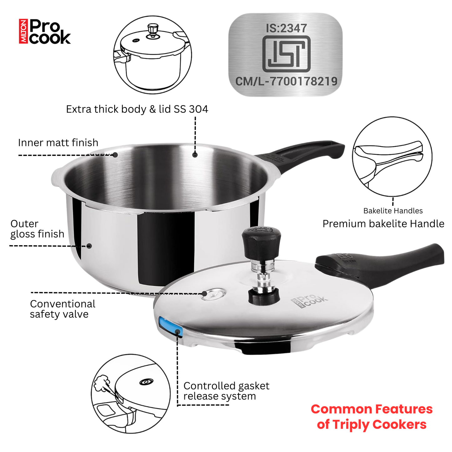 MILTON PROCOOK Triply Stainless Steel Pressure Cooker Outer Lid | ISI