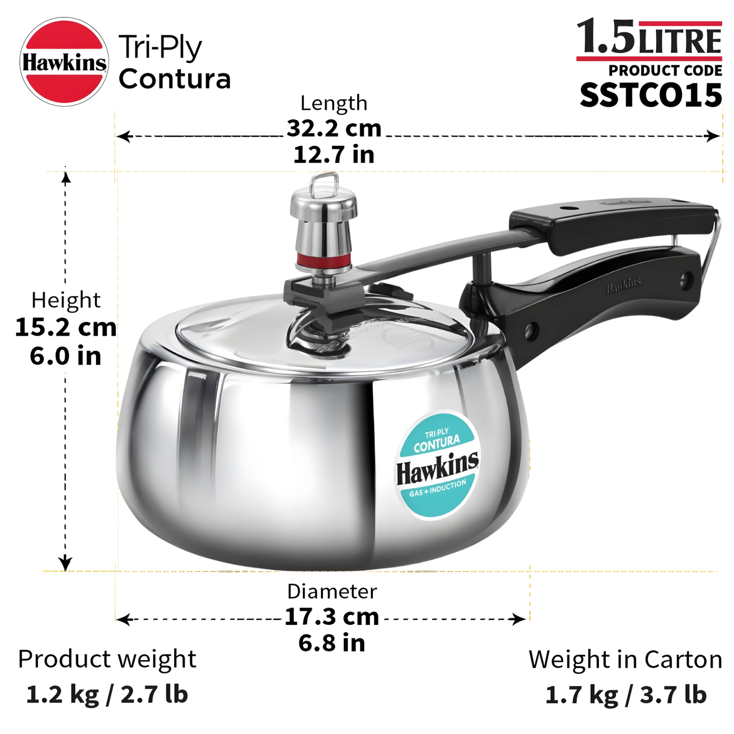 HAWKINS Contura Tri-Ply Stainless Steel 3.5 Litre (SSTCO35) |Induction Compatible