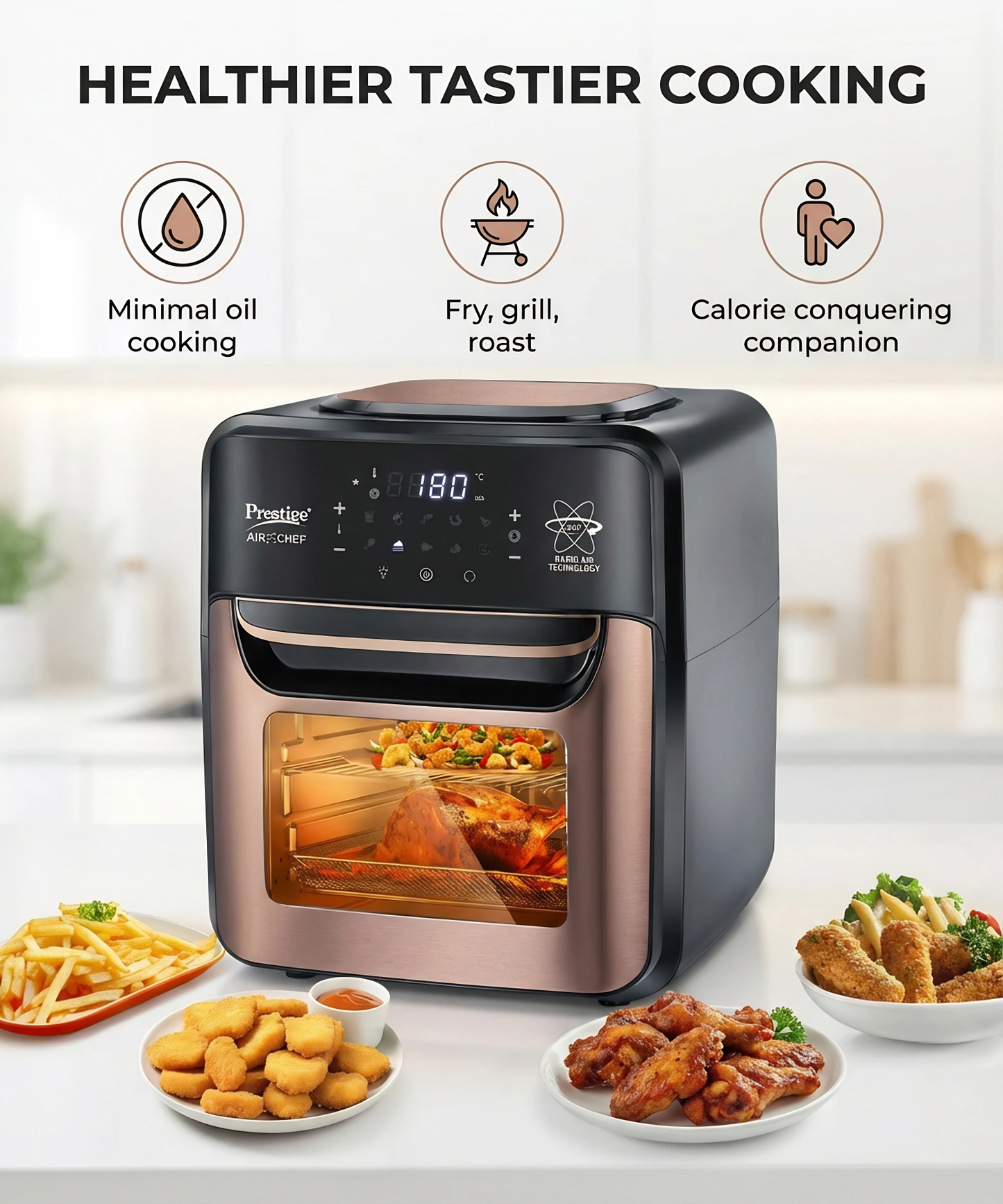PRESTIGE Air Chef 12 Litre Air Oven| 360 Degree Rapid Air Technology | 10 Preset Menus | Unique Multi-Level Design | Smoke-Free Technology
