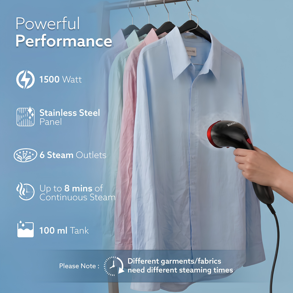 AGARO Elite Garment Steamer - 1500W Steamer for Ironing Clothes - 25g/min, 3 Steam Modes, 100 ml Tank, Compact & Lightweight, Travel Friendly, For All Fabric