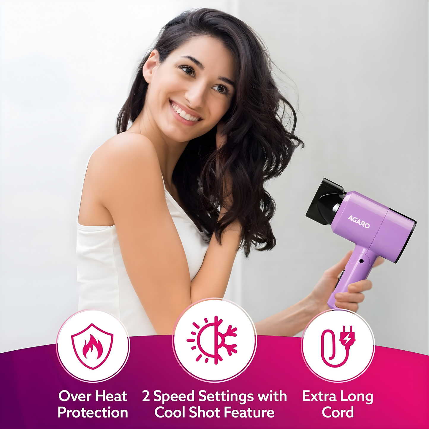 AGARO HD-1211 Hair Dryer 1100 Watts, 2 Heat Speed and Cool Mode, Foldable (Compact in Size), Purple