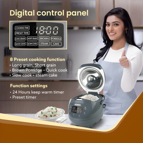 AGARO Imperial Electric Rice Cooker - 2L - Grey | 8 Preset Cooking Function | Advanced Fuzzy Logic | 24Hrs Keep Warm Function | 350 W