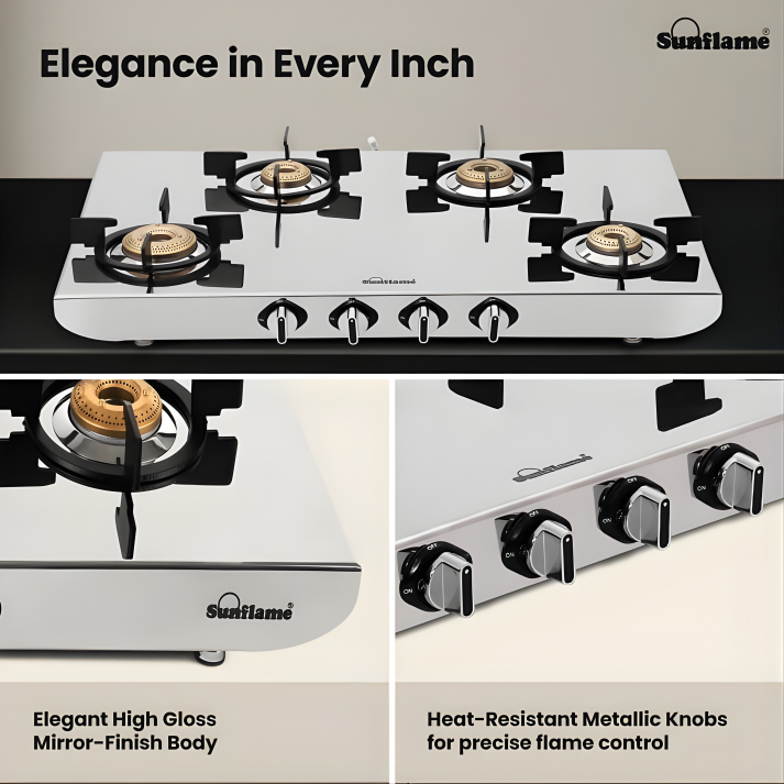 SUNFLAME HERCULES 4 Burner Manual SS Gas Stove (ISI Certified, Stainless Steel)