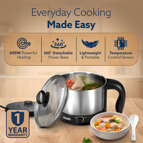 AGARO Esteem Electric Multipurpose Kettle 1.2 Ltr | 600 W with Stainless Steel Body, Egg Rack, Grill Rack | 3 Heating Modes & Rapid Boil Technology, Boiling Water, Tea, Coffee, Oats, Noodle, Soup | Black