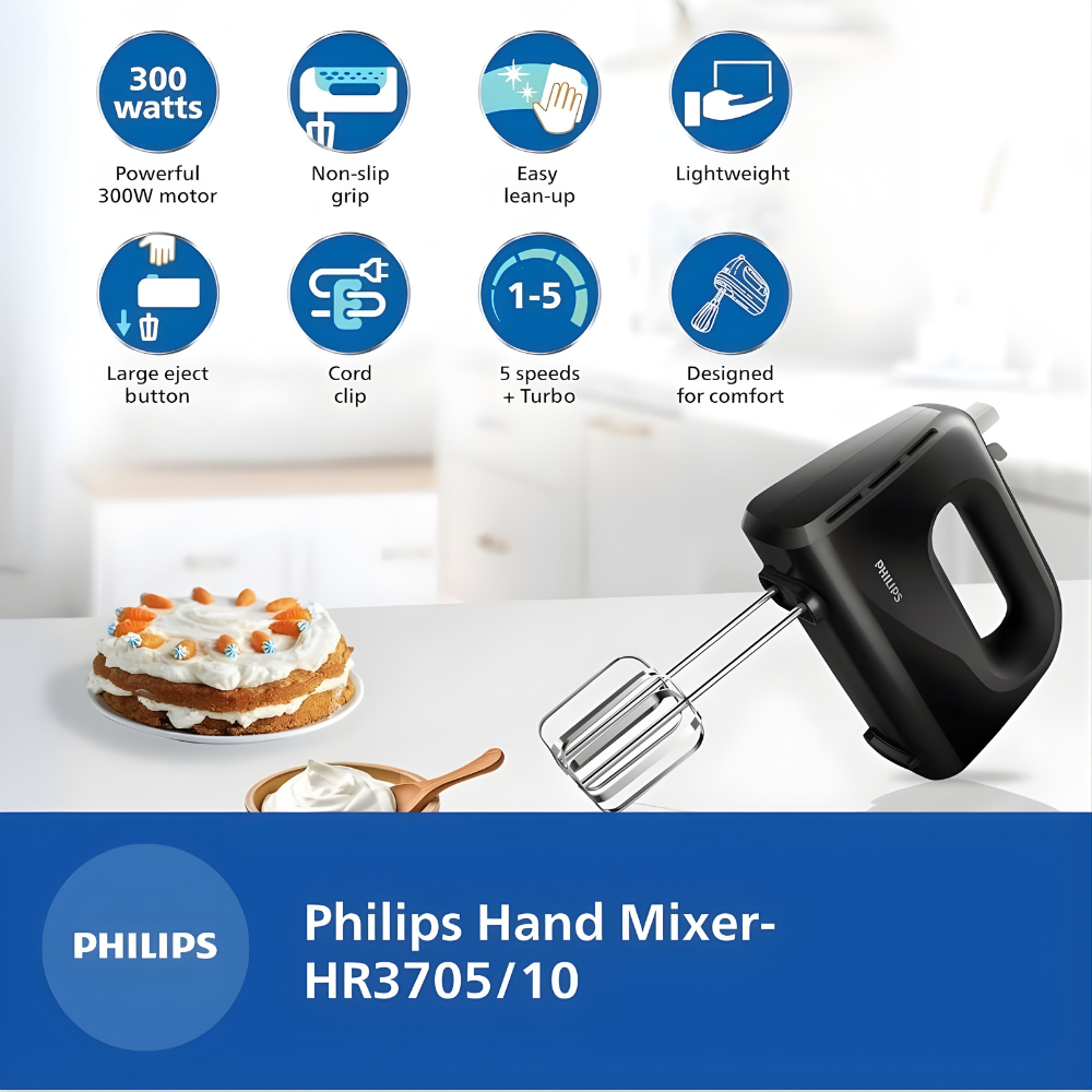 Philips HR 3705/10 300 Watt Lightweight Hand Mixer, Blender with 5 speed control settings, stainless steel accessories and 2 years warranty