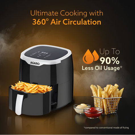 AGARO Galaxy Digital Air Fryer for Home, 4.5 L, Electric Air Fryer, Convection Oven | 1400W | 7 Pre-set Programs & Reheat | 360 Degrees Air Circulation | Digital Touch Display | Bake, Roast, Toast | Black