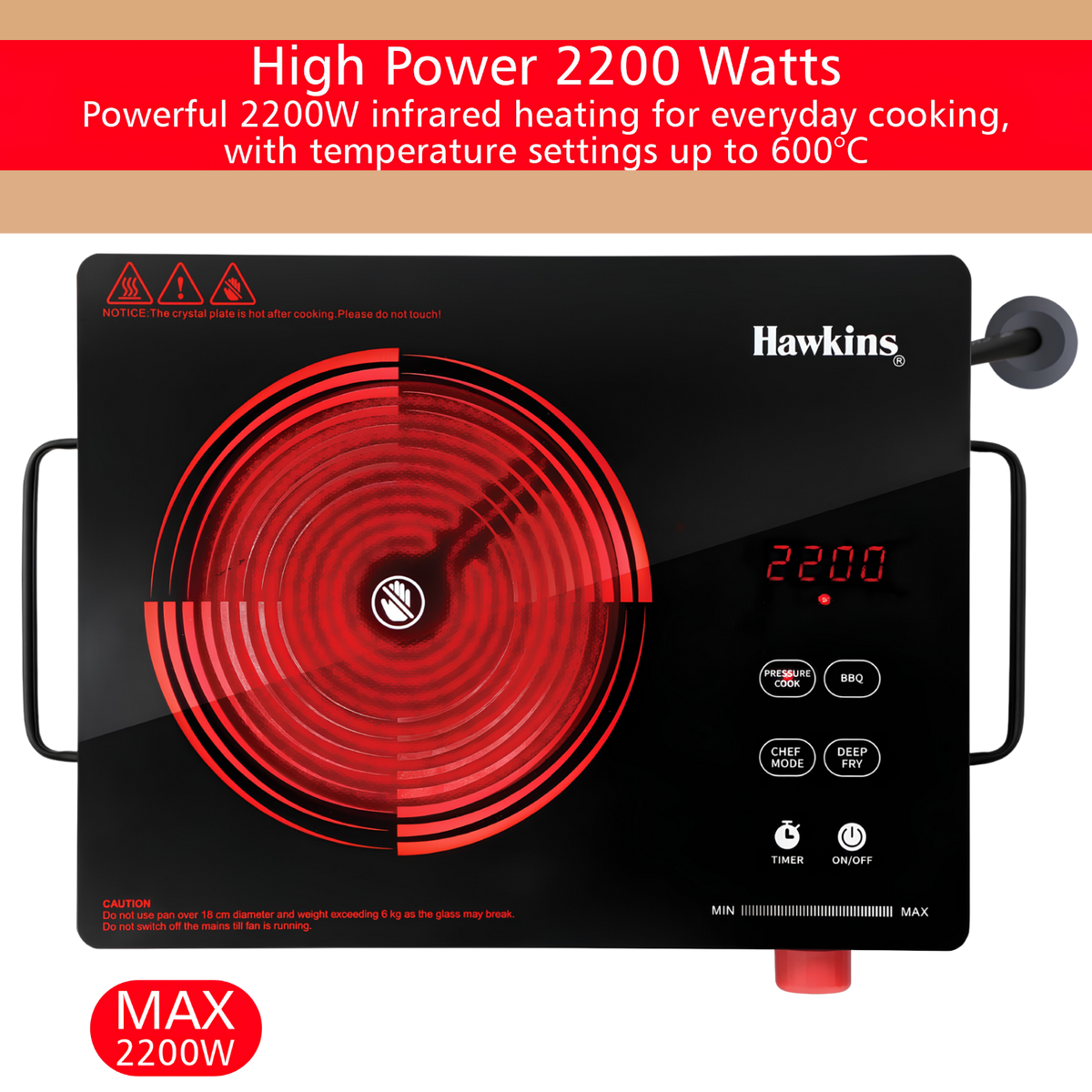HAWKINS Infrared Cooktop 2200 W | Cook With Any Pot, Any Pan | Crystal Glass Top | Touch Controls with Rotary Knob | Black (HIR1)