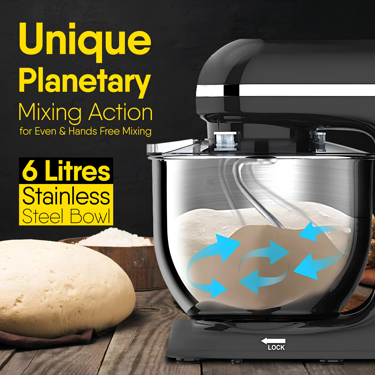 AGARO Imperial Stand Mixer, 1400W with 6L SS Bowl, 1.5L Blending Jar, 100% Copper Motor, Includes Blending Jar, Whisker, Beater, Black
