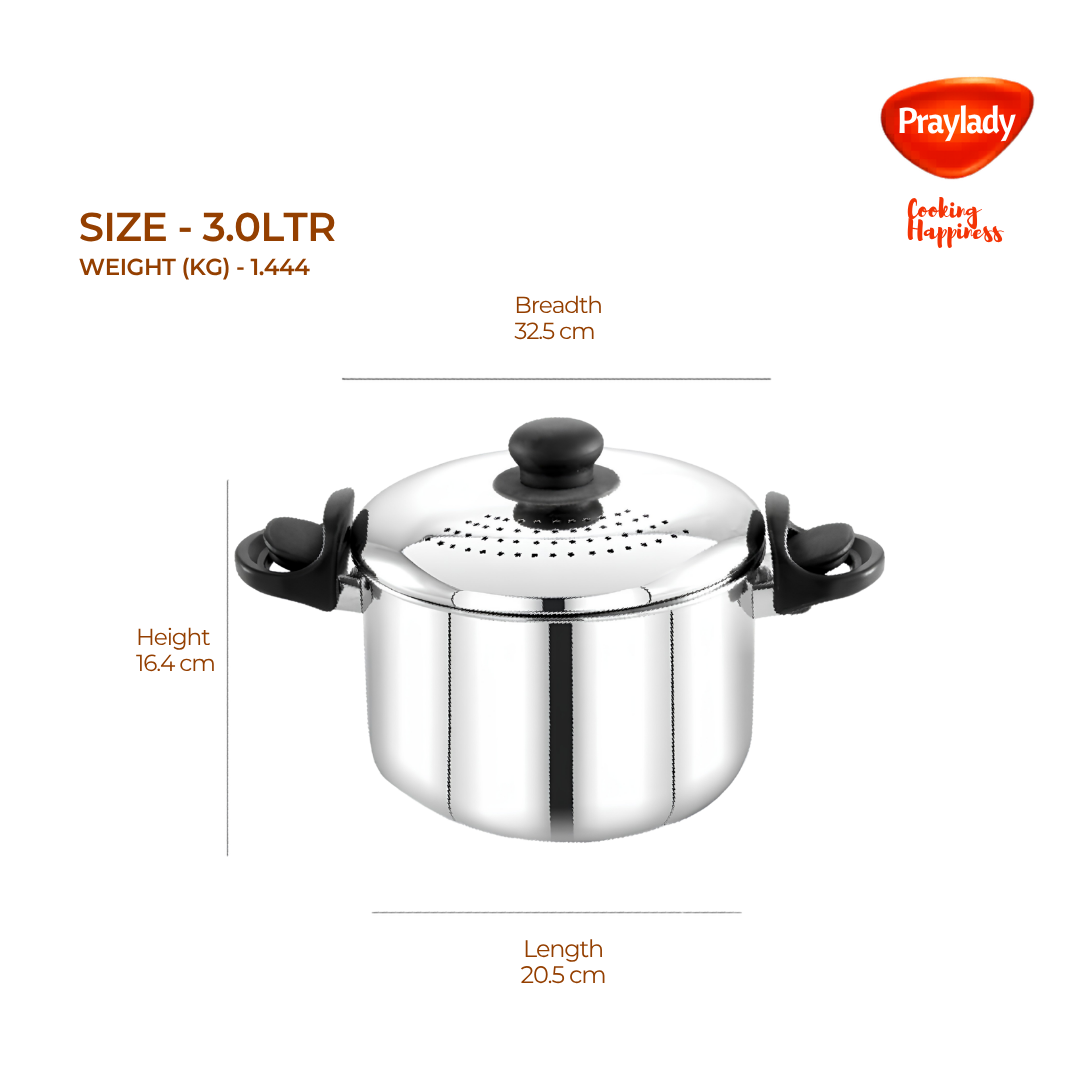 Praylady Stainless Steel Strainer Pot | Anti-Locking Glass Lid | Multi-Purpose Pasta, Rice & Noodle Pot | Large Family Pot | Induction & Gas Compatible