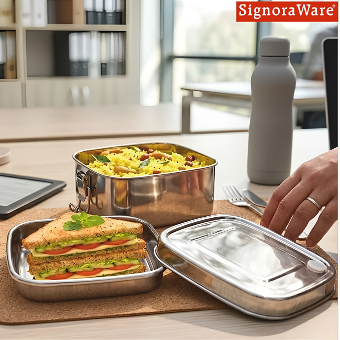 SIGNORAWARE All Steel Square Lid Range Steel Container with Plate | Silicone Seal to Prevent Leakage | Smart Vent Silicone to Release Air | Perfect for All Types of Food | Easy to Carry