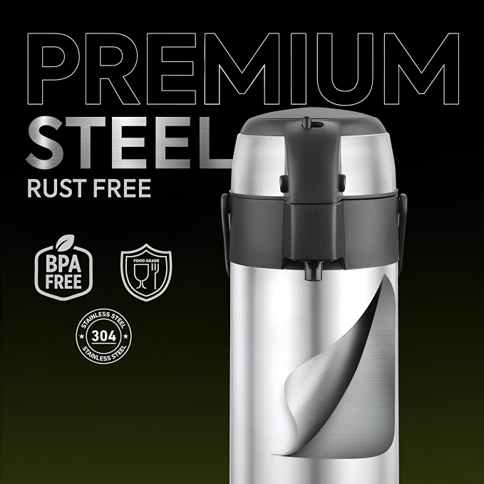 Go24 PEXPO AquaPort Stainless Steel Vacuum Insulated Beverage Dispenser with Pump | Hot & Cold | Double Wall | Sturdy Handle to Carry | Coffee/Tea Carafe - Silver